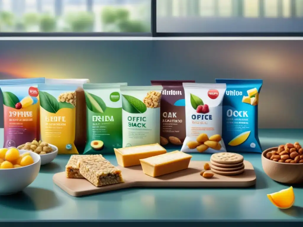 Bodegón saludable: snacks coloridos en moderno escritorio Detalle acuarela de escritorio moderno con barras nutricionales oficina snacks saludables