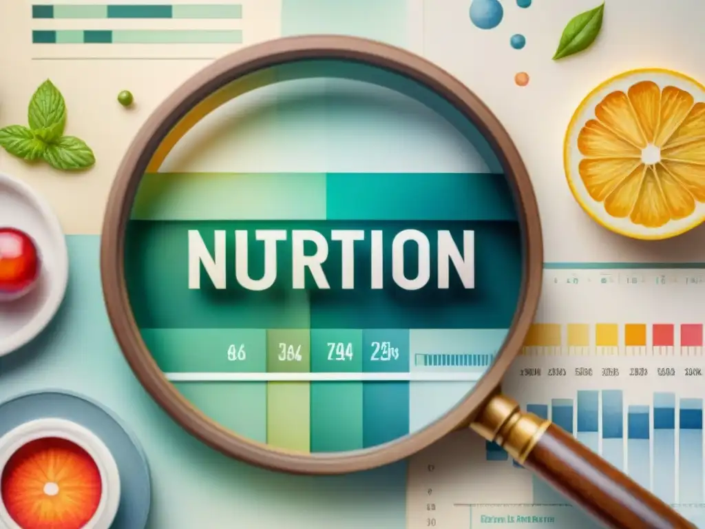 Estudio detallado de nutrición: ilustración acuarela Detalle nutrición: estudio científico con lupa sobre gráficos coloridos y detalles intrincados, reflejando minuciosa interpretación