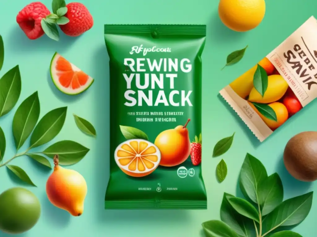 Diseños ecoamigables de snacks con frutas frescas y tonos terrosos Detalle fascinante de envases ecológicos de snacks saludables con frutas frescas y tonos terrosos