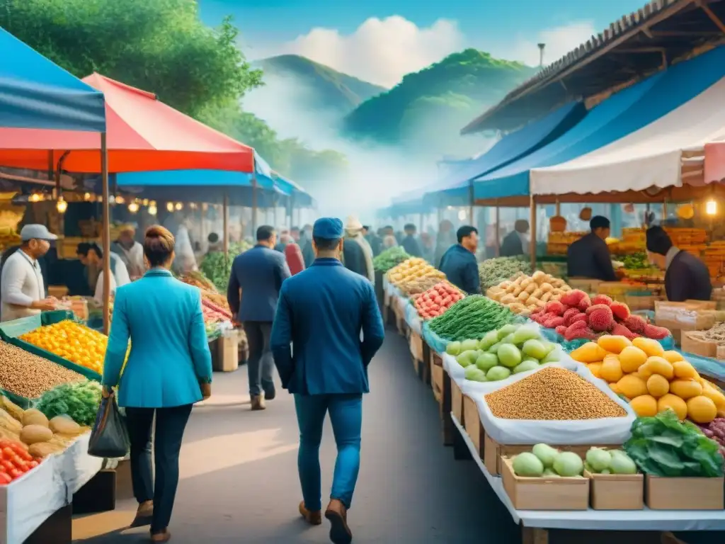Mercado vibrante: Ilustración acuarela de puesto de snacks saludables Detalle acuarela de mercado con snacks saludables, emprendedores y clientes