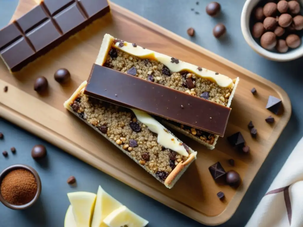 Barras energéticas de quinua y chocolate: ilustración detallada en acuarela Detalle acuarela de mesa rústica con barras energéticas caseras de quinua y chocolate
