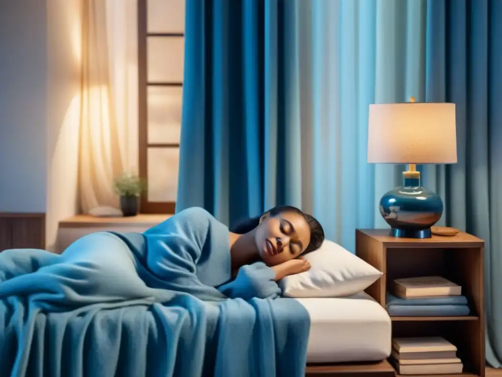 Escena nocturna serena: persona durmiendo en habitación acogedora con té y libros relajantes bajo la luz de la luna Un dormitorio acogedor ilustrado con acuarelas, donde una persona duerme plácidamente rodeada de elementos relajantes bajo la luz de la luna