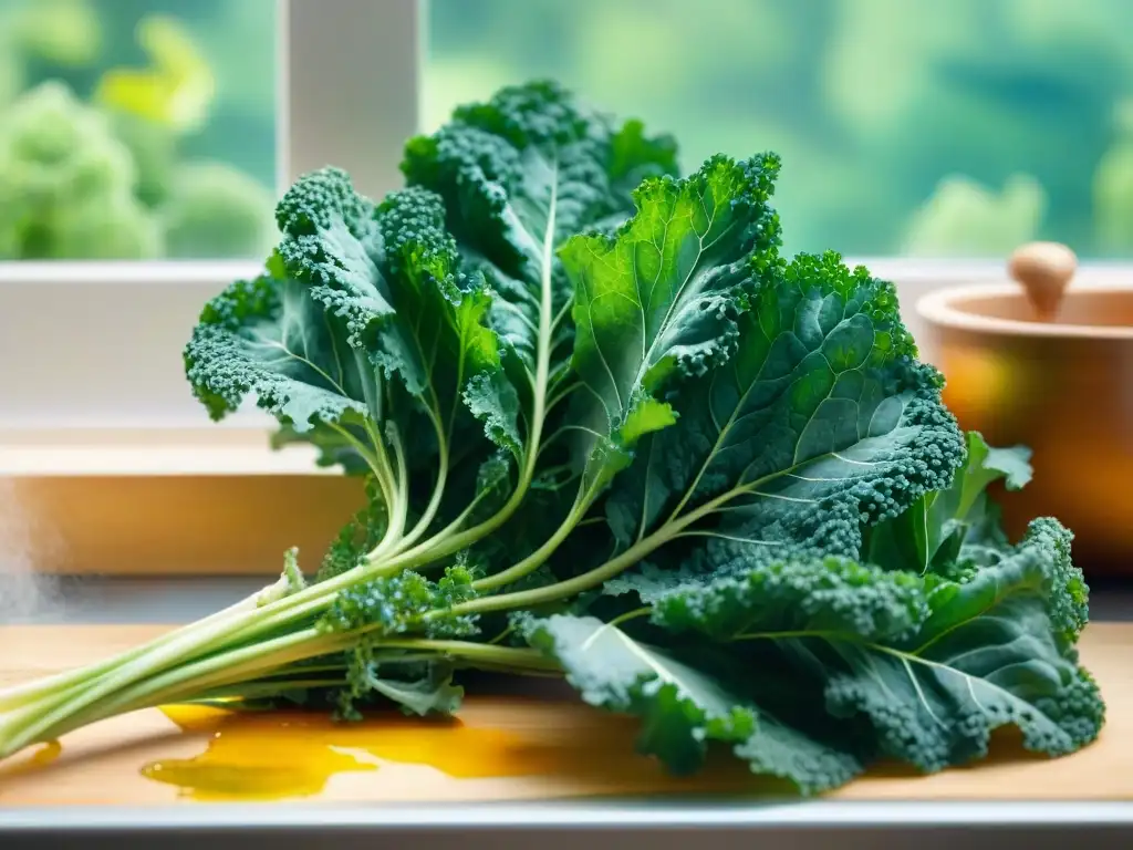 Deliciosas chips de kale doradas en cocina moderna Elaboración artesanal de chips de kale saludables en una cocina moderna