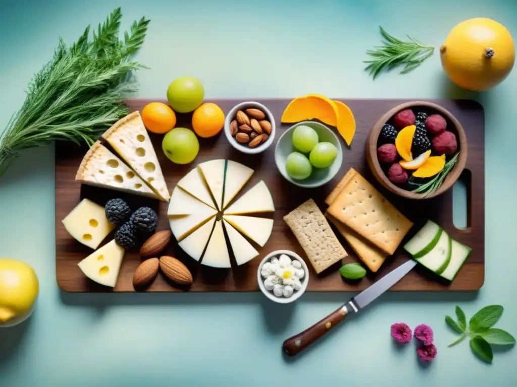 Tabla de aperitivos gourmet: una explosión de sabores saludables Una elegante tabla de servir de madera rebosante de snacks saludables importados deliciosos y exquisitamente presentados
