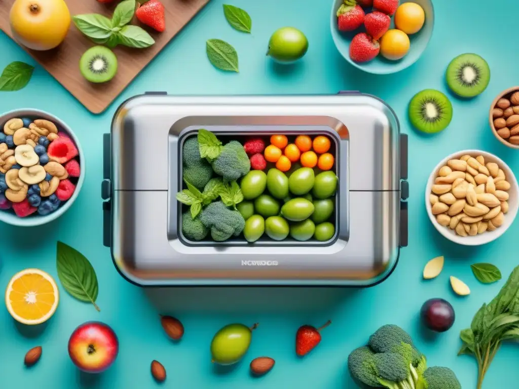 Máquina de envasado al vacío: frescura y eficiencia en ilustración acuarela Un envasado al vacío de snacks saludables moderno y eficiente rodeado de alimentos frescos y coloridos
