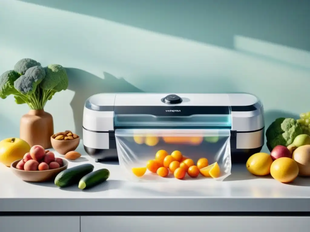 Selladora al vacío de snacks saludables en cocina luminosa Envasado al vacío de snacks saludables en una cocina luminosa con máquina selladora de diseño moderno