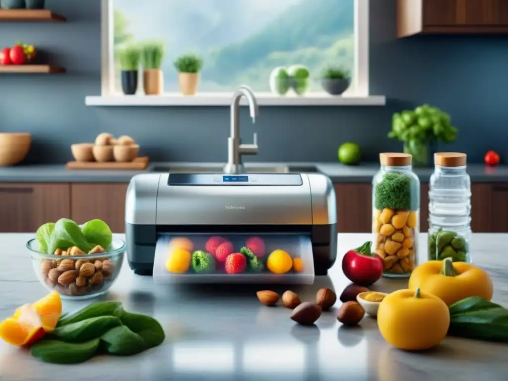 Selladora al vacío moderna en acción en cocina elegante Envasado al vacío de snacks saludables en cocina moderna con productos frescos y coloridos