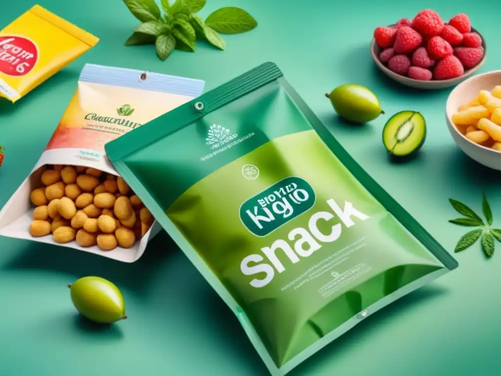 Envases ecológicos para snacks: opciones coloridas y sostenibles Envases reciclados saludables snacks: Detallada ilustración acuarela de opciones ecológicas para snacks, con colores vibrantes y detalles intrincados