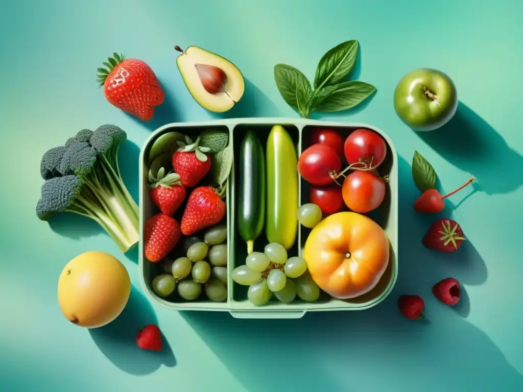 Deliciosas frutas y verduras en envase ecofriendly Envases reutilizables para snacks saludables: ilustración acuarela detallada de frutas y verduras frescas en un recipiente
