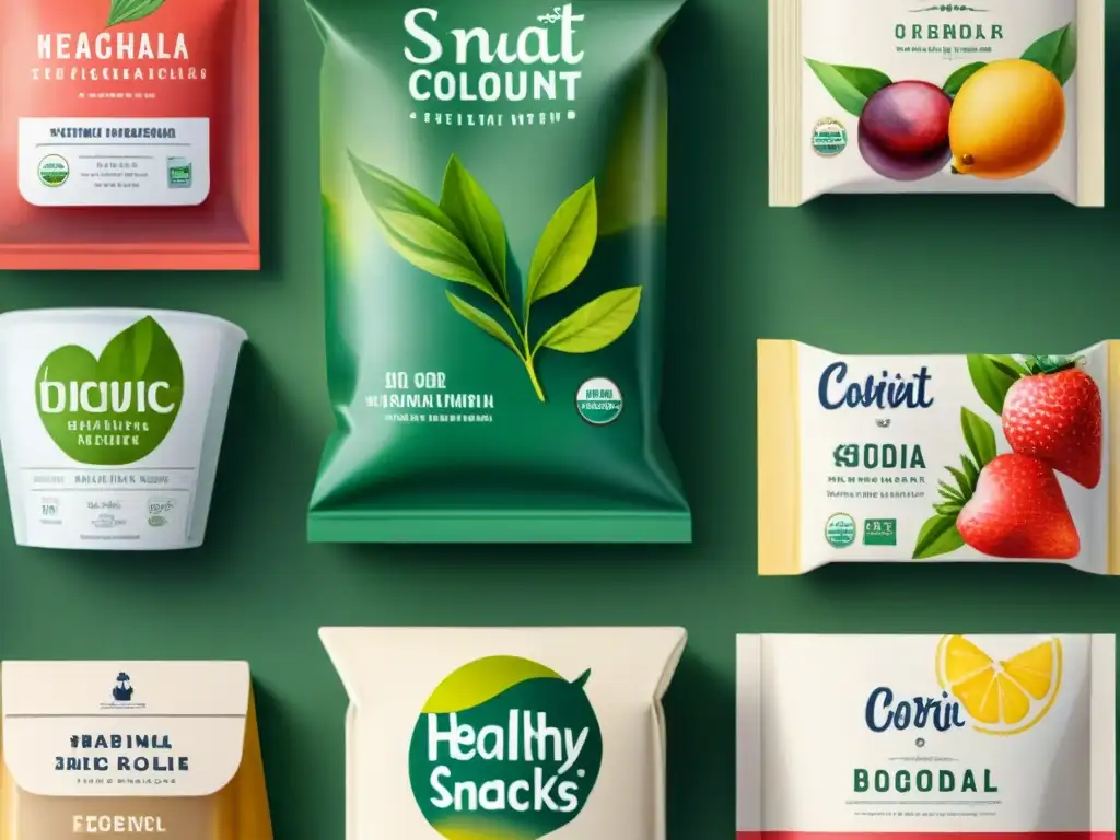 Packaging ecológico para snacks, ilustración en acuarela Envoltorios ecológicos para snacks saludables con colores suaves y vibrantes, decorados con hojas verdes y frutas frescas