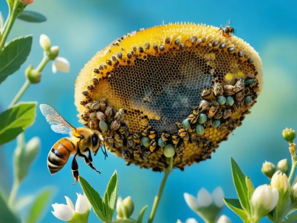 Beehive en un jardín floreciente: acuarela detallada Envolturas de Cera de Abejas Sostenible: Un vibrante panal en un jardín floreciente con abejas y flores detalladas