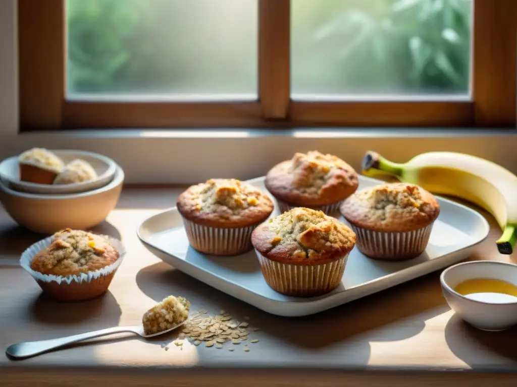 Escena de cocina rústica con muffins de avena y plátano recién horneados Un escena acogedora de una cocina rústica con Muffins de avena y plátano saludables recién horneados, rodeados de ingredientes naturales