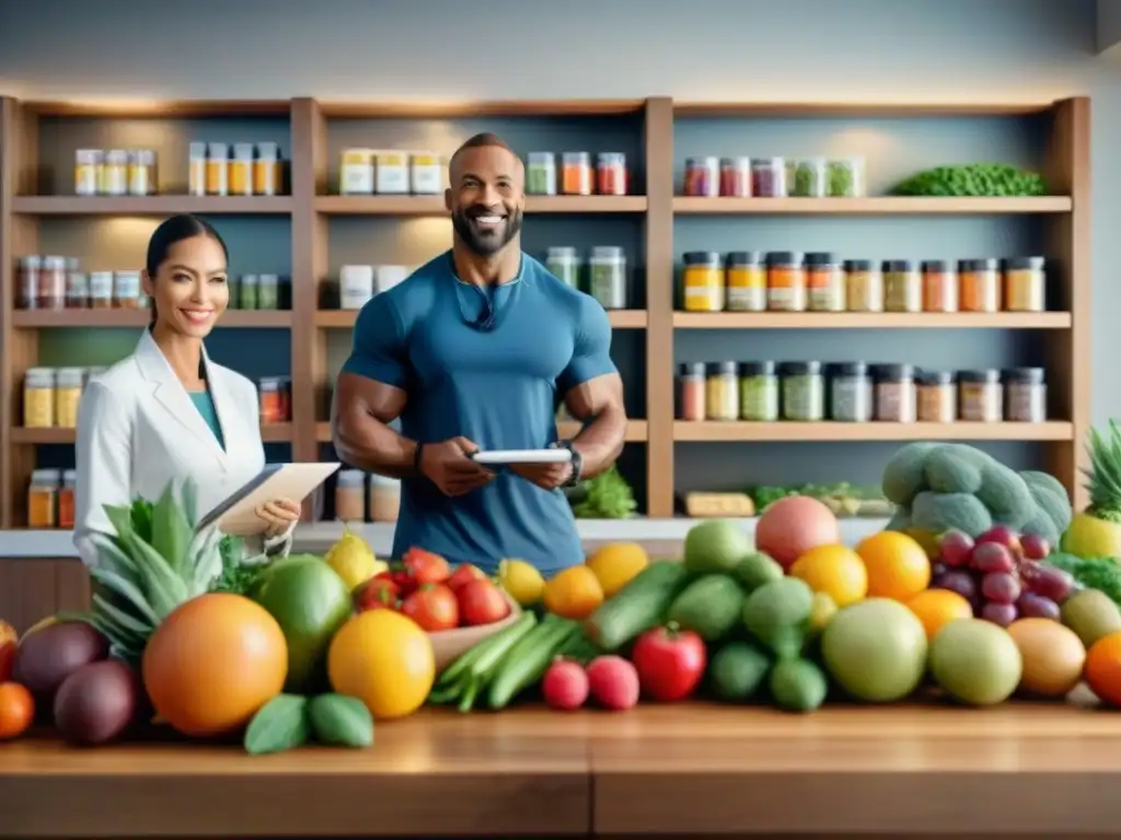 Equipo de expertos en nutrición comparte conocimientos en sala acogedora Una escena acogedora donde expertos en nutrición certificados colaboran en equipo, rodeados de libros, frutas y verduras coloridas