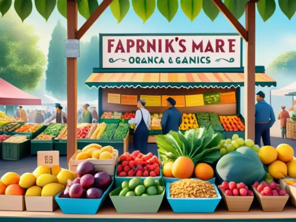 Mercado de Agricultores: Colorido y Saludable Escena animada de un mercado con estrategias de marketing para snacks saludables, frutas y verduras frescas y coloridas