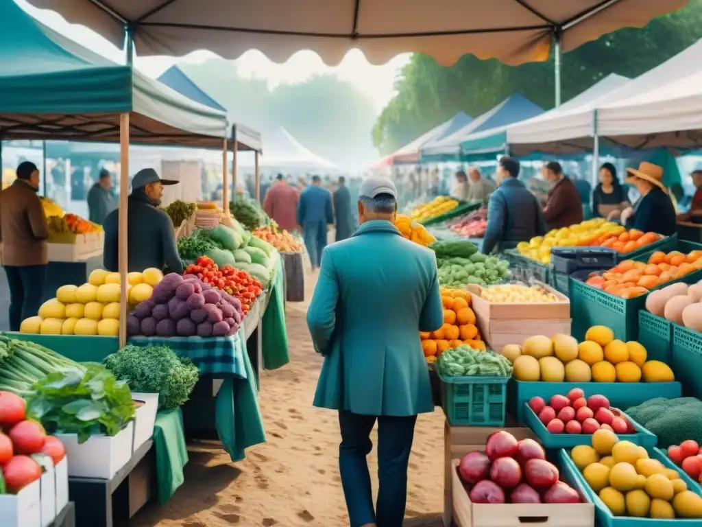 Mercado agrícola vibrante con frutas frescas y clientes diversos Escena animada de un mercado agrícola con puestos de frutas, verduras y snacks orgánicos