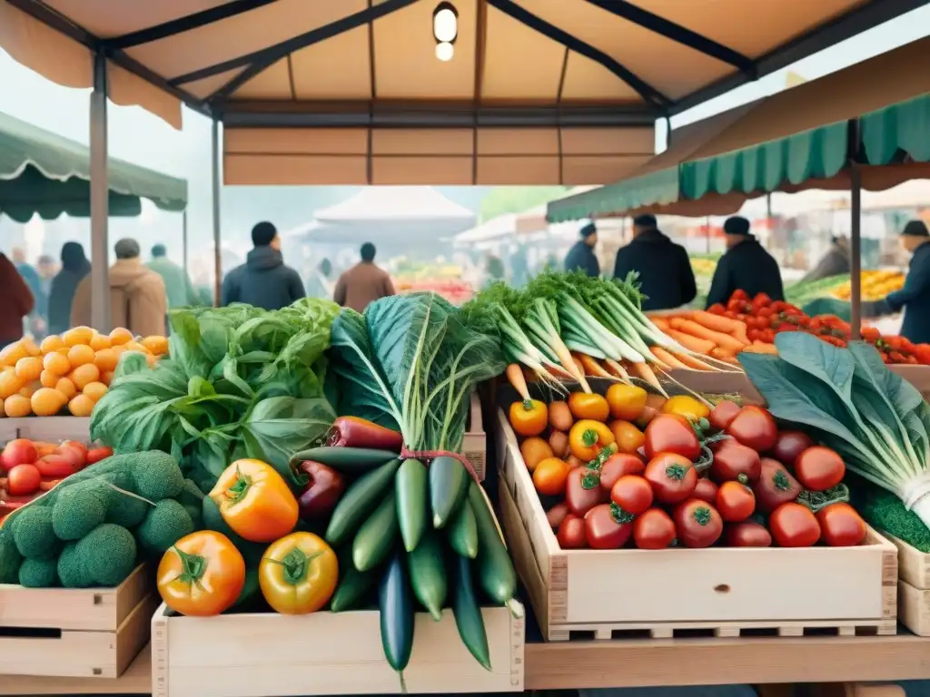 Mercado campesino: explosión de colores frescos Escena animada de puesto de mercado con vegetales frescos y coloridos en cajas de madera y canastas de mimbre