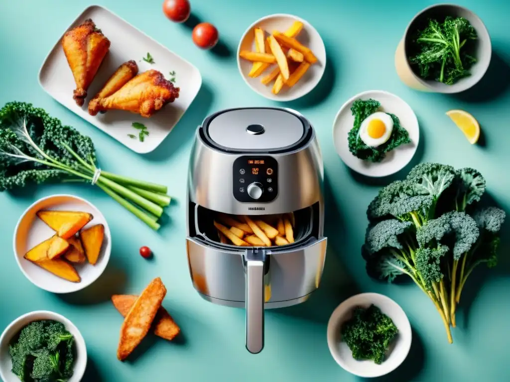 Escena culinaria vibrante con air fryer y snacks saludables Escena de cocina moderna con freidora de aire en acción y snacks saludables como chips de kale, papas fritas y alitas de pollo doradas