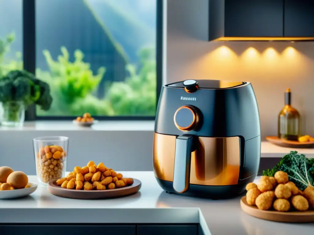 Moderna cocina con air fryer futurista y snacks saludables Escena de cocina moderna con freidora de aire y snacks saludables en una suave luz natural