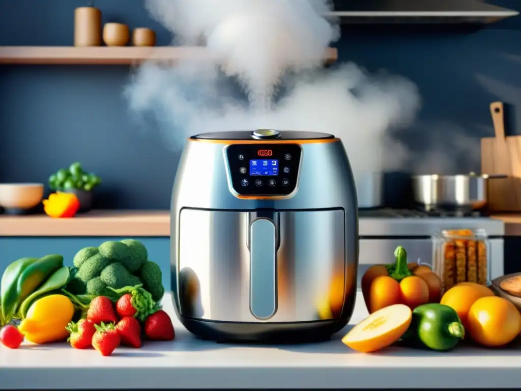 Cocina moderna con aire saludable: snacks coloridos y frescos Escena de cocina moderna con freidora de aire cocinando snacks saludables con colores vibrantes y frescos