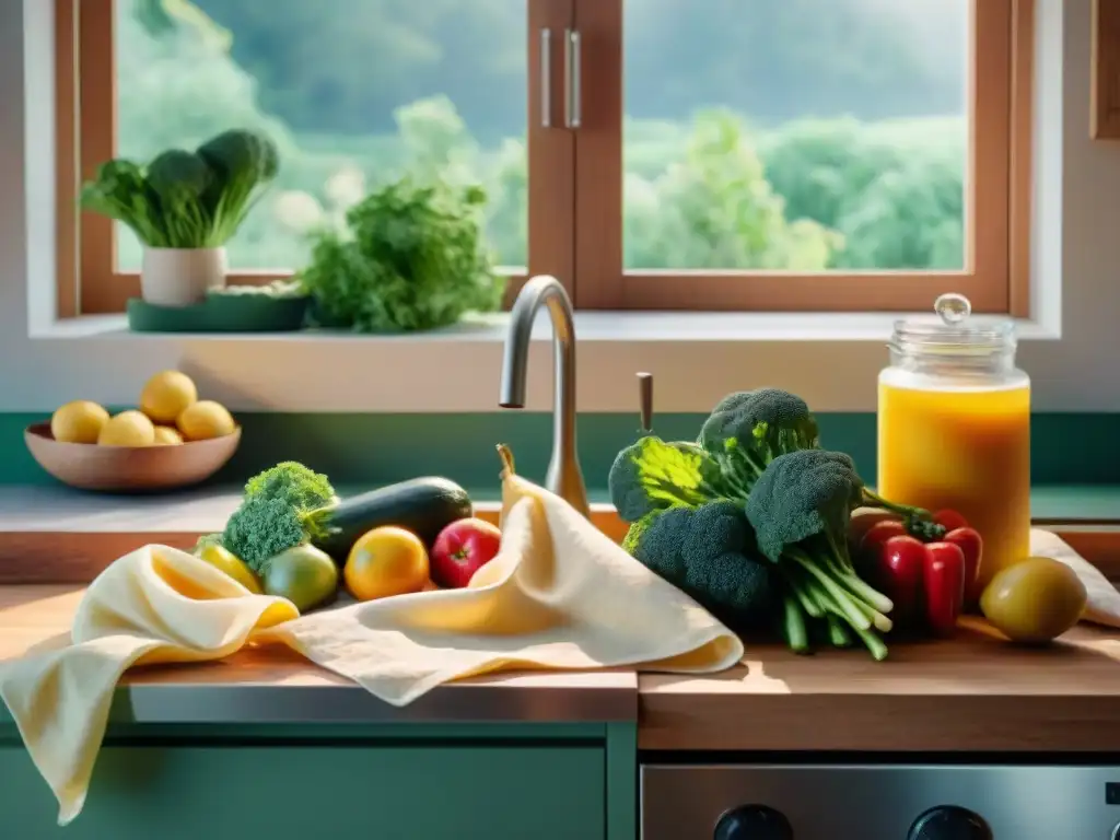 Escena de cocina ecofriendly con frutas y verduras frescas en envoltorios de cera de abeja Una escena de cocina serena con envolturas de cera de abejas sostenible y frutas frescas