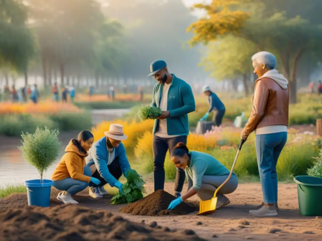 Evento comunitario de limpieza en el parque: diversidad y armonía Escena comunitaria de limpieza en el parque con diversidad de edades y culturas reduciendo impacto ambiental envases snacks