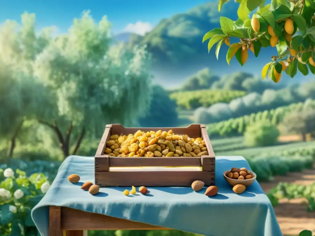 Escena de cosecha en huerto de frutos secos: detalle en acuarela Una escena de cosecha abundante en un huerto de frutos secos orgánicos, con árboles cargados de almendras, nueces y anacardos bajo un cielo azul
