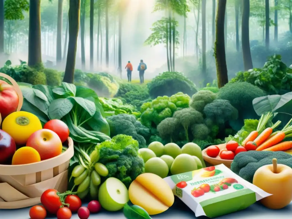 Bosque de frutas y verduras: comunidad saludable y sostenible Escena ecoamigable: bosque frondoso, frutas y verduras frescas, personas disfrutando snacks saludables con empaques ecológicos