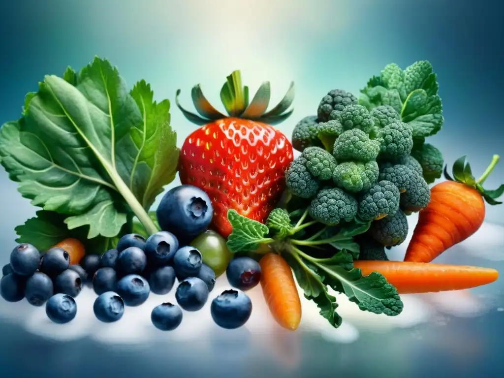 Congelación moderna de frutas y verduras frescas en acuarela Escena de frutas y verduras frescas congelándose rápidamente en un entorno industrial moderno, preservando la nutrición
