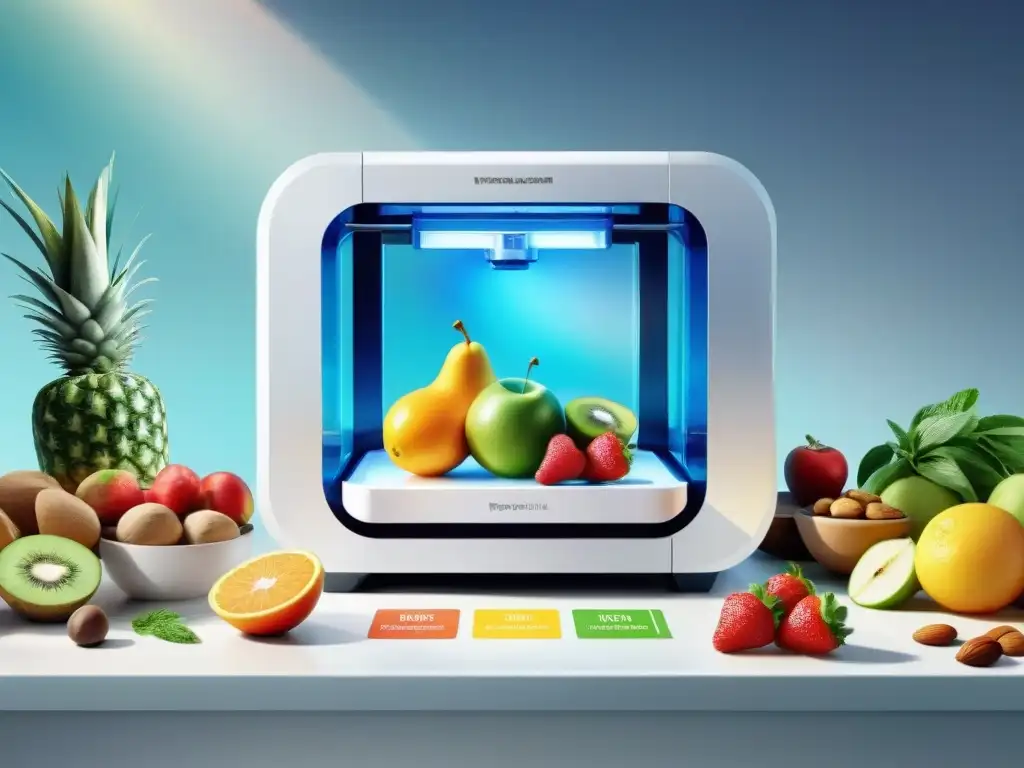 Cocina futurista: impresión 3D de alimentos saludables Una escena futurista de cocina con snacks saludables impresión 3D en acción, resaltando innovación y tecnología culinaria avanzada