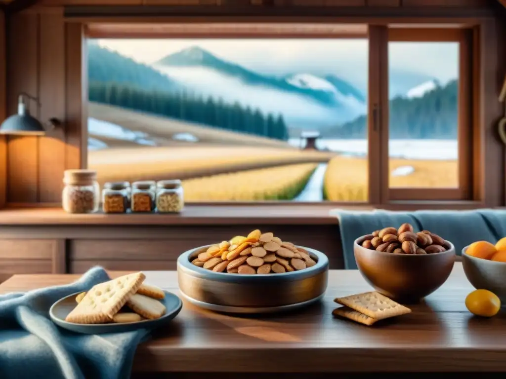 Bodegón invernal: mesa rústica con tentempiés saludables en acuarela Escena invernal acogedora con mesa de madera llena de snacks saludables productos temporada, paisaje nevado y cabaña al fondo