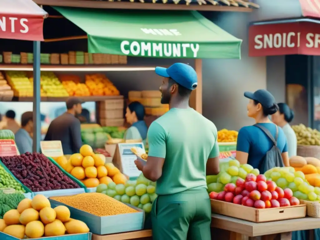 Mercado saludable: escena vibrante de snacks innovadores y coloridos Escena de mercado bullicioso con ingredientes innovadores snacks saludables en vibrante acuarela
