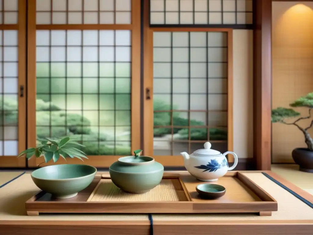 Escena serena: ceremonia del té japonés Escena serena de una ceremonia del té japonesa con un set tradicional sobre bandeja de madera