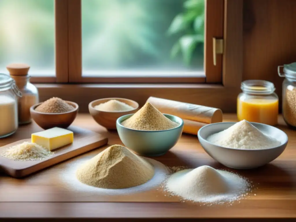 Armonía de harinas sin gluten: detallada acuarela en cocina serena Una escena serena de cocina con harinas sin gluten para snacks, organizadas en una encimera de madera con elegante caligrafía