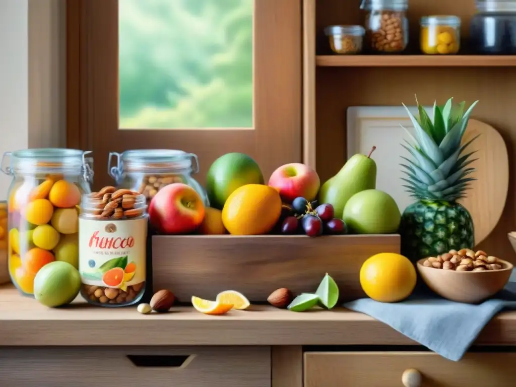 Armoniosa cocina saludable con frutas frescas y frutos secos Escena serena de cocina con snacks saludables para combatir ansiedad alimentaria