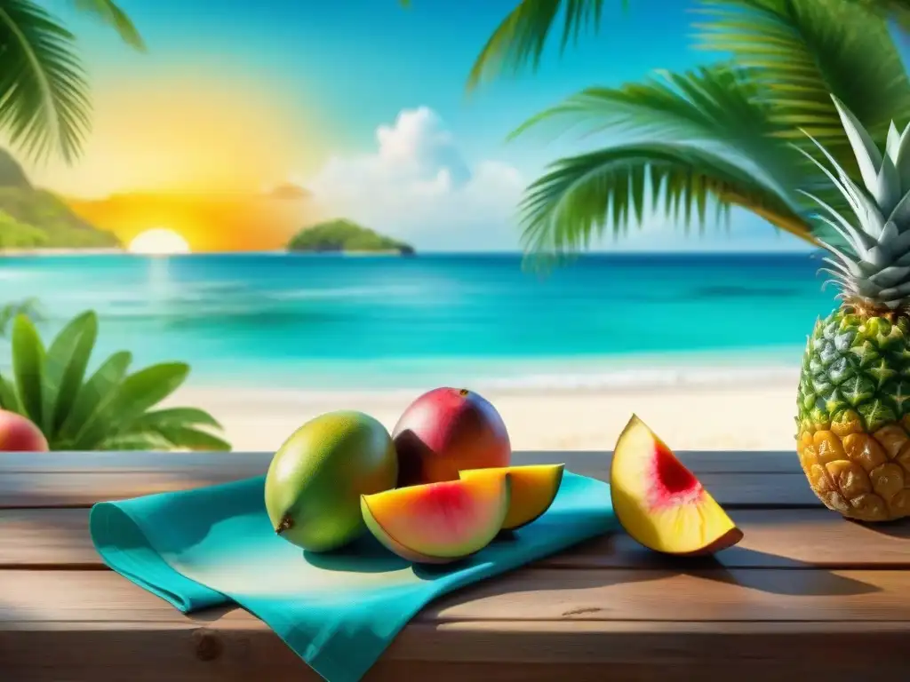 Bella playa caribeña: frutas tropicales y puesta de sol Una escena caribeña con snacks saludables en la playa: mango, piña y coco