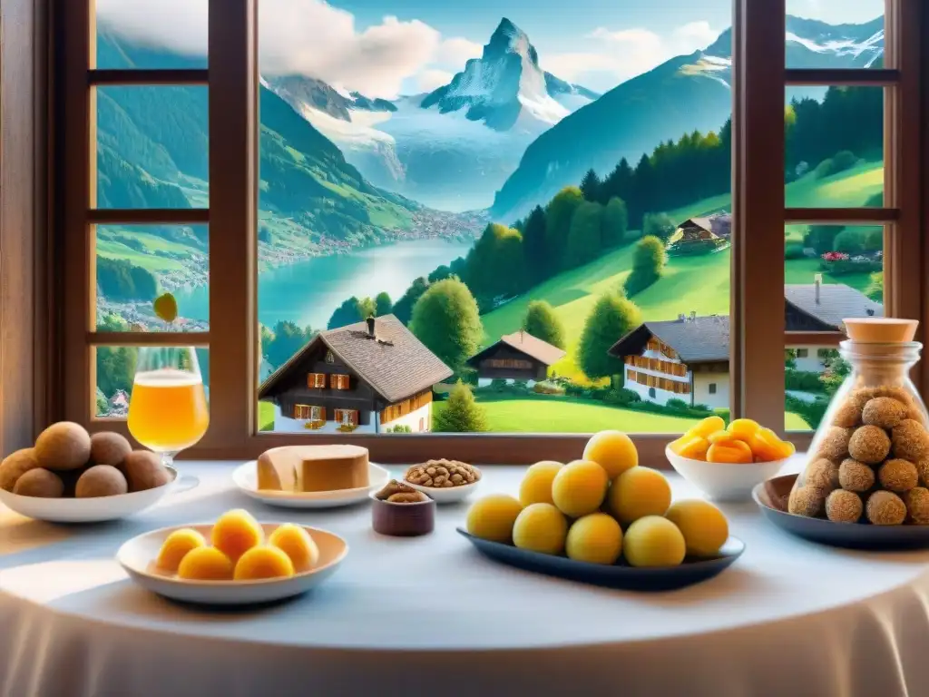 Encanto suizo: pueblo alpino y delicias gourmet Escena suiza pintoresca con chalets nevados y mesa de snacks saludables y chocolates de calidad