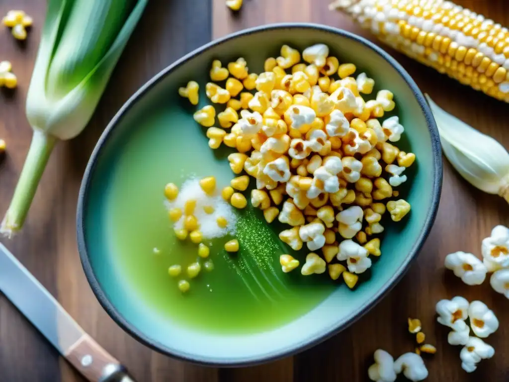 Deliciosa escena de cocina con palomitas de maíz doradas y saludables Escena tranquila de cocina: cuenco de palomitas doradas con aceite de oliva y sal marina