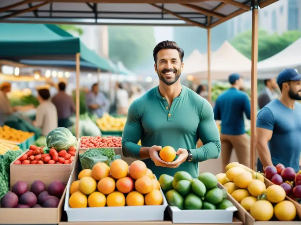 Escena vibrante: pitch innovador en mercado de alimentos saludables Una escena vibrante en un mercado de agricultores con un emprendedor presentando su startup de snacks saludables a inversionistas