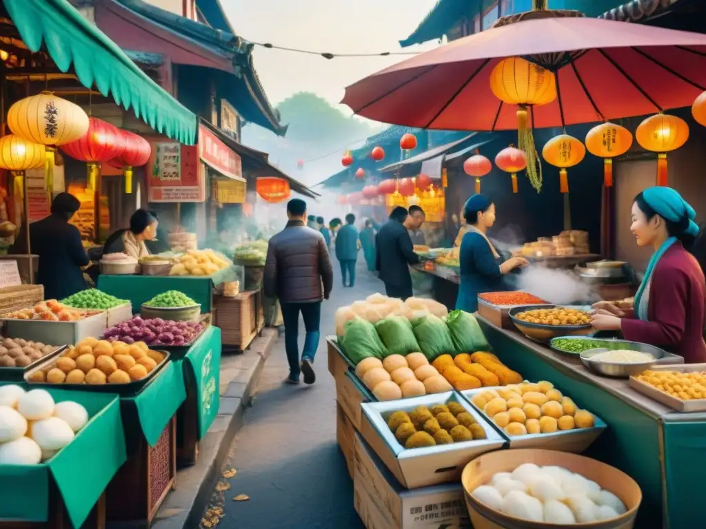 Mercado callejero vegano: delicias asiáticas en acuarela Escena vibrante de mercado callejero asiático con snacks saludables veganos internacionales