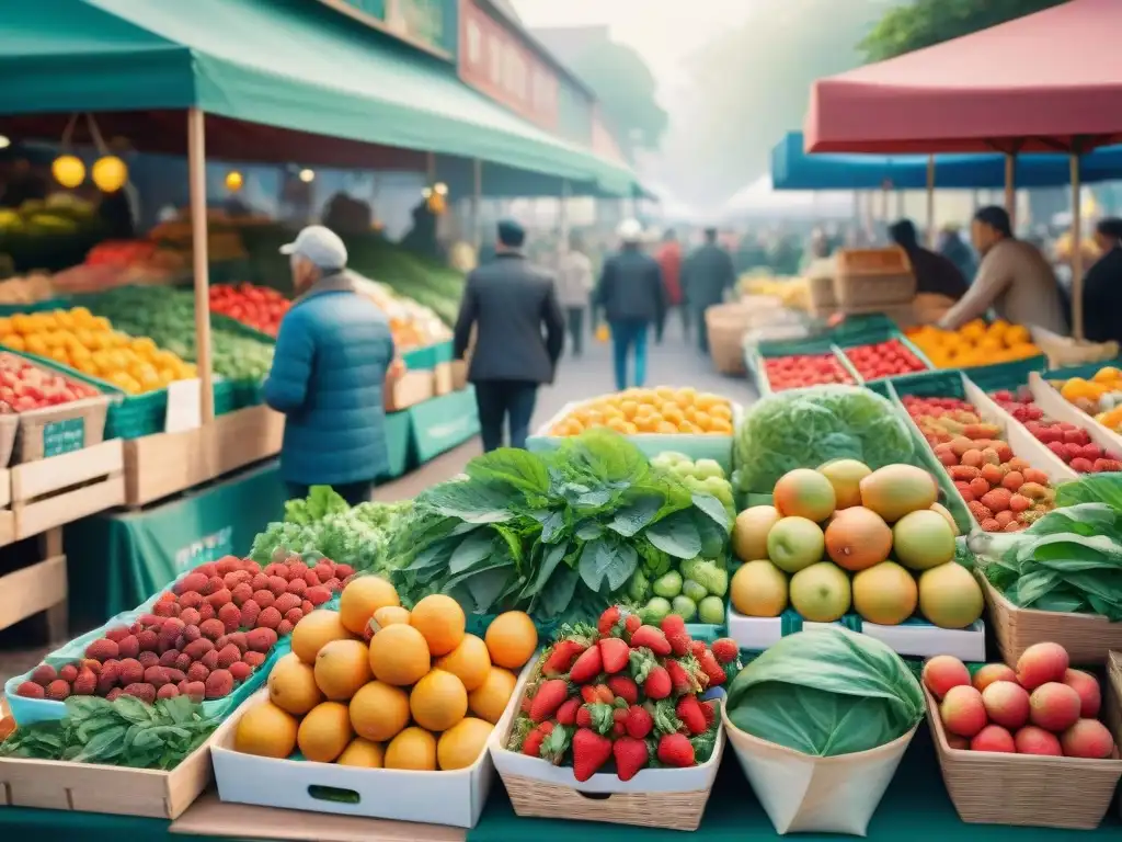 Mercado de agricultores: escena vibrante con frutas y verduras frescas Una escena vibrante de mercado con frutas y verduras frescas, transmitiendo abundancia y comunidad