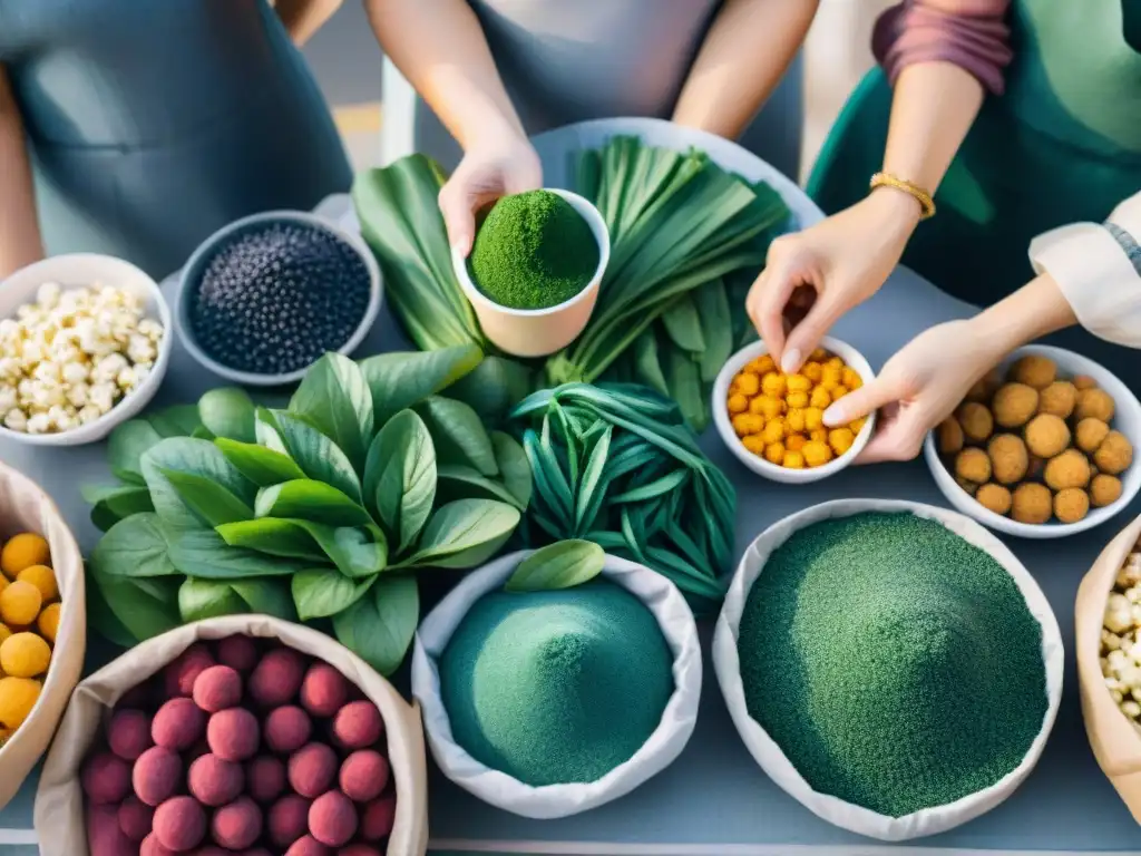 Mercado saludable con snacks innovadores y coloridos Una escena vibrante de mercado con ingredientes innovadores en snacks saludables