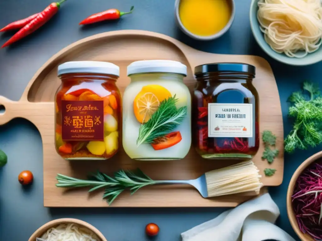 Deliciosas fermentaciones: kimchi, chucrut y kombucha en acuarela Escena vibrante de snacks fermentados saludables y sostenibles con kimchi, chucrut y kombucha en una tabla de madera con hierbas frescas y especias