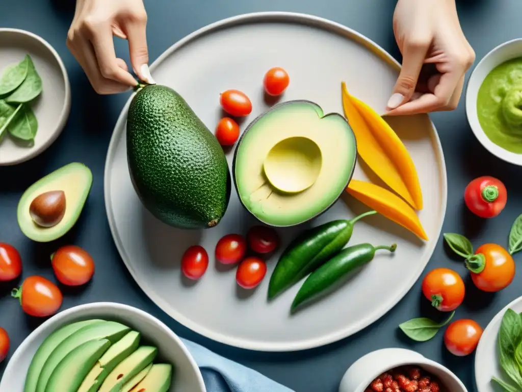 Escena vibrante de cocina vegana: preparación creativa de snacks Un escenario de cocina bulliciosa con ingredientes frescos y coloridos, manos de chef preparando snacks veganos fáciles preparar