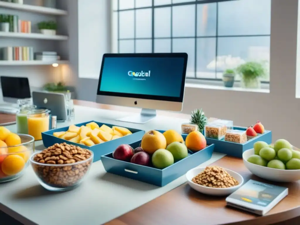Escritorio de oficina vibrante con snacks saludables Un escritorio bullicioso con snacks saludables para mejorar concentración en un ambiente de trabajo productivo y enfocado