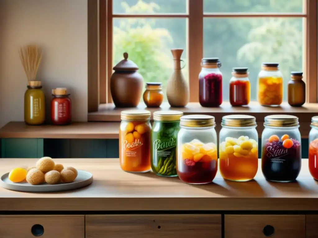 Acuarela detallada: escritorio rústico con alimentos fermentados Un escritorio de madera rústico en una oficina, decorado con frascos de snacks saludables fermentados como kimchi y kombucha