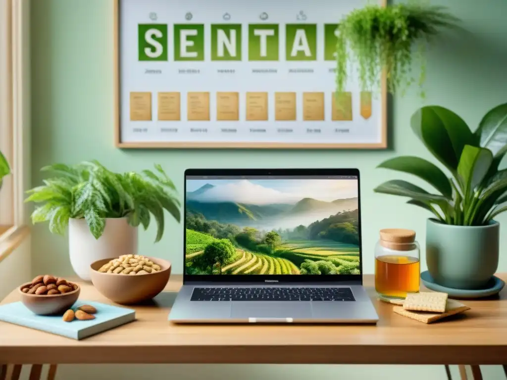 Un espacio de estudio sereno con snacks saludables para estudiar, luz natural, plantas y motivación