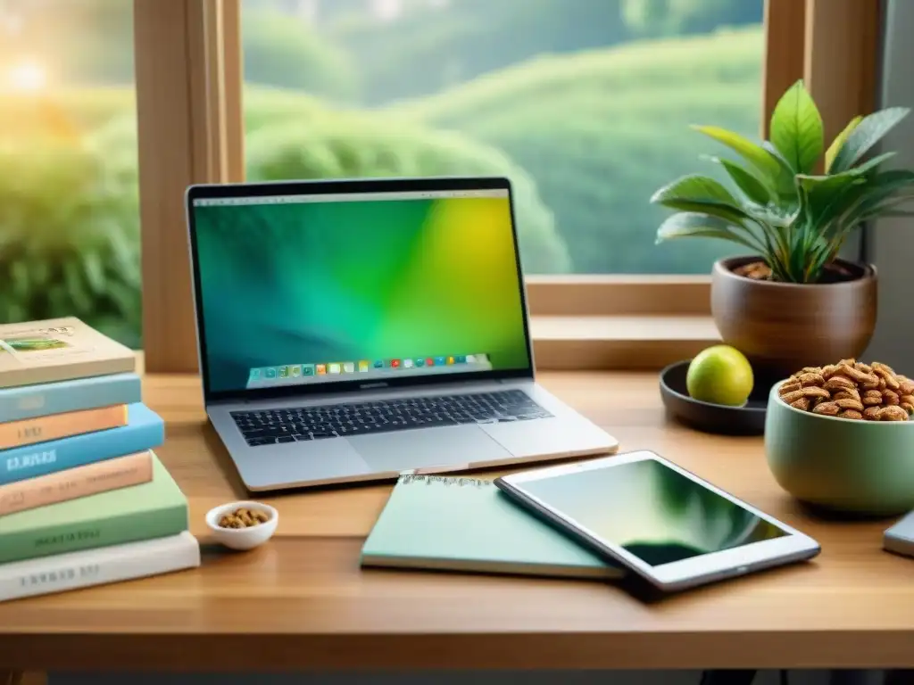 Espacio de trabajo sereno y productivo con snacks saludables Un espacio de trabajo sereno y organizado con snacks saludables para mejorar concentración