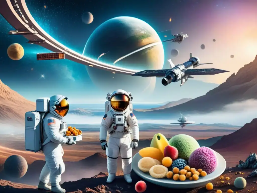 Estación espacial futurista con astronautas y bocadillos saludables Explorando una estación espacial futurista con snacks saludables innovadores extraterrestres