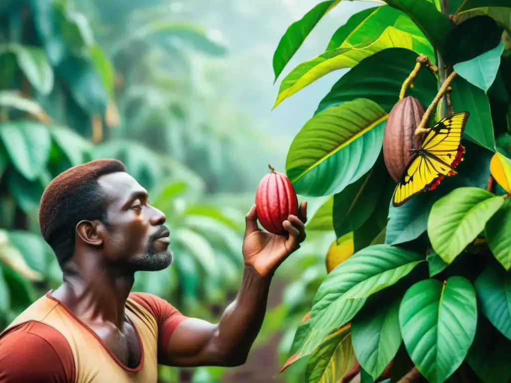 Un experto agricultor cosecha cacao en una plantación tropical exuberante, rodeado de plantas exóticas y mariposas