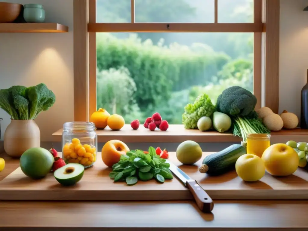 Delicada ilustración acuarela de cocina con frutas y vegetales coloridos Experto en preparación de snacks saludables en cocina serena con frutas y verduras